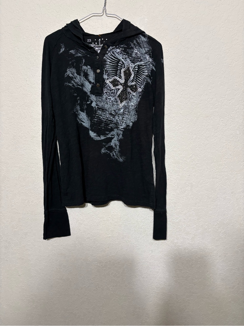 Rock & Roll Cowgirl Black Hooded Top with Silver Winged Cross panhandle slim xxl